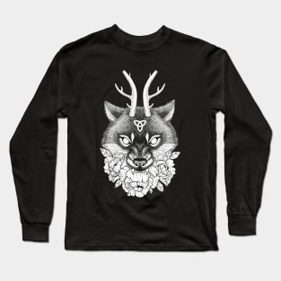 Wiccan wolf with horns and flowers Long Sleeve T-Shirt